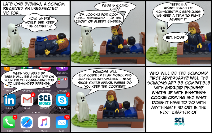 SciMoms comic introducing the Ghost of Einstein.