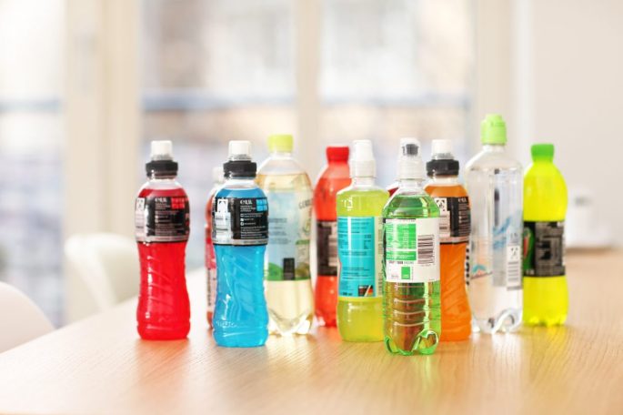 bottles of colored sports drinks